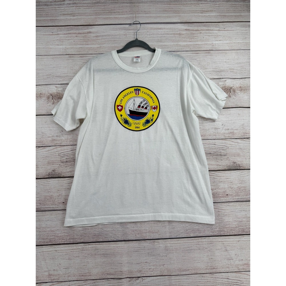 Vintage MJ Soffe T-Shirt Mens XL White 1984 Los Angeles Olympics Ship Graphic